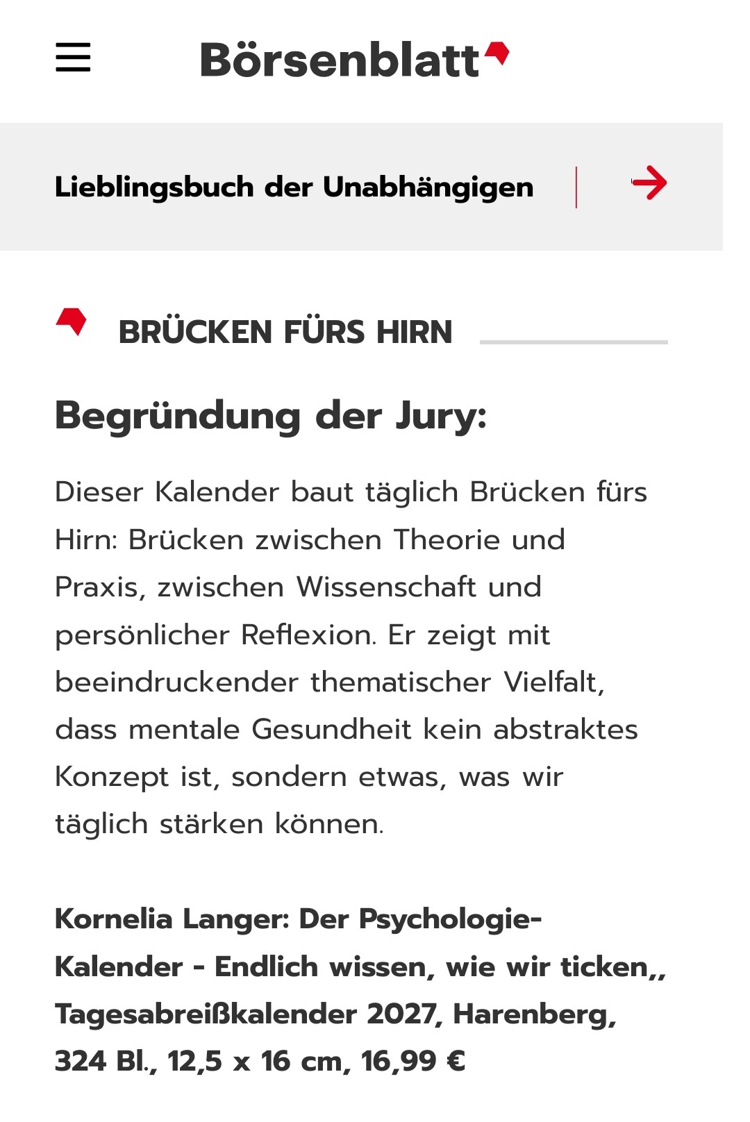 Das Börsenblatt zum Psychologie Kalender von Kornelia Langer | Ausgezeichnet mit dem Kalenderpreis des Deutschen Buchhandels